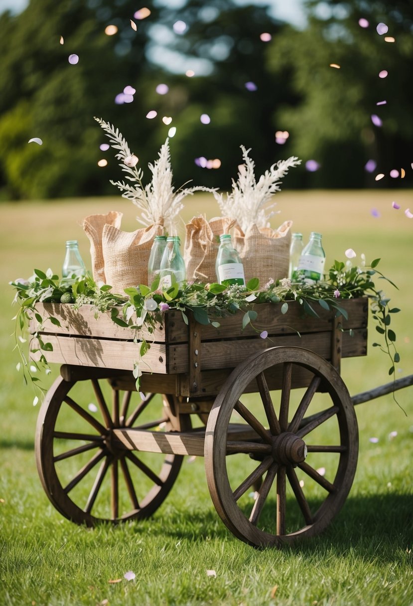 A rustic wooden cart filled with biodegradable confetti and vintage vine accents, ready for an eco-friendly wedding send-off