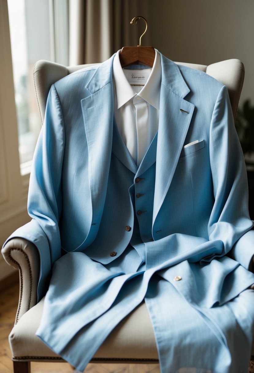 A crisp Italian linen suit draped over a chair, with a relaxed, elegant feel