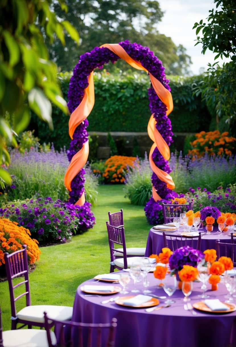 A lush garden with purple and orange flowers, a flowing purple and orange ribbon arch, and tables adorned with purple and orange centerpieces