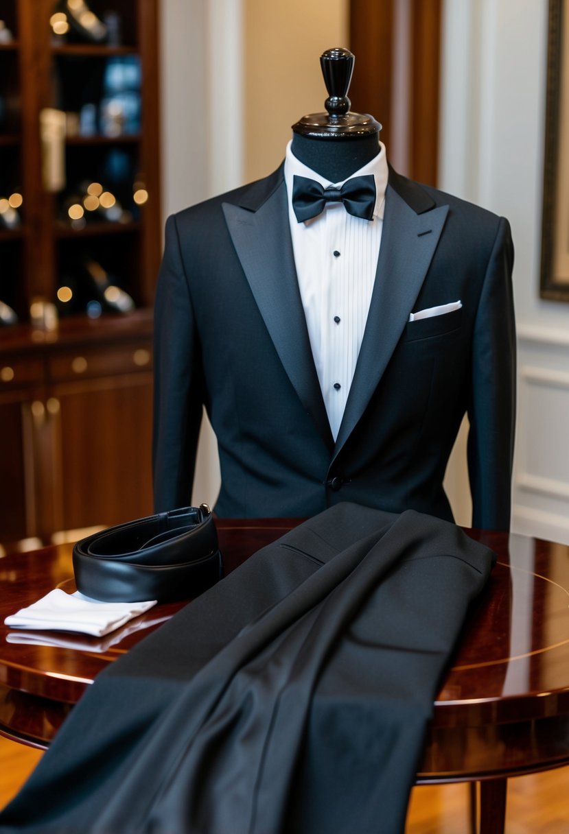 A sleek black Italian tuxedo draped over a chair, with a crisp white dress shirt and a black bow tie laid out neatly on a polished wooden table