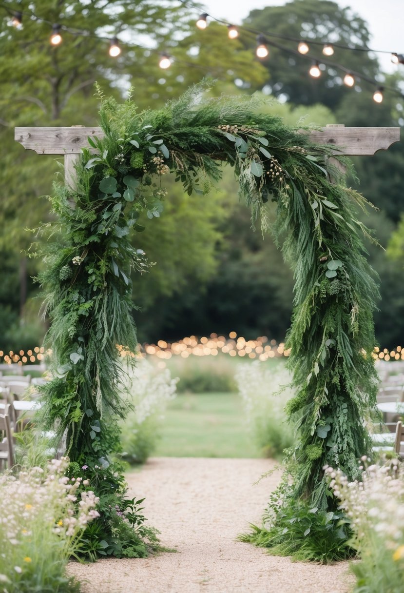 A lush greenery garland drapes across a rustic wooden archway, surrounded by wildflowers and twinkling fairy lights