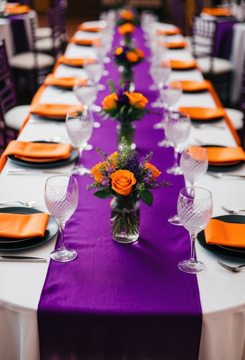 Eggplant purple table runners adorn tables at a regal purple and orange wedding, adding a touch of elegance to the reception decor