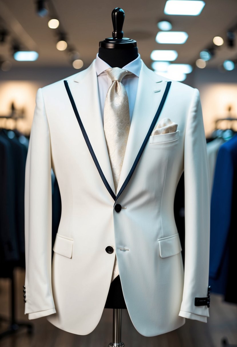 A white Italian suit with silk accents displayed on a mannequin