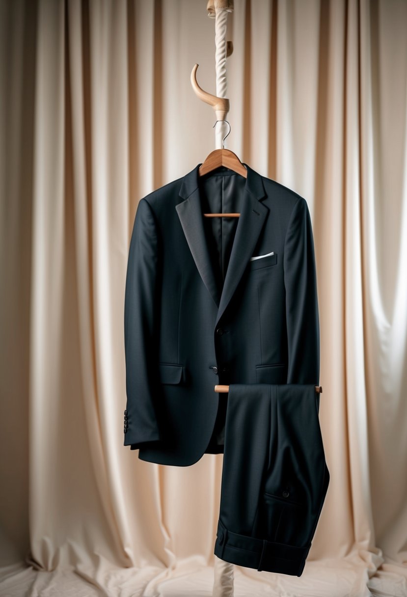 A sleek black suit jacket and trousers, tailored to fit snugly, hang on a wooden hanger against a backdrop of soft, luxurious fabric