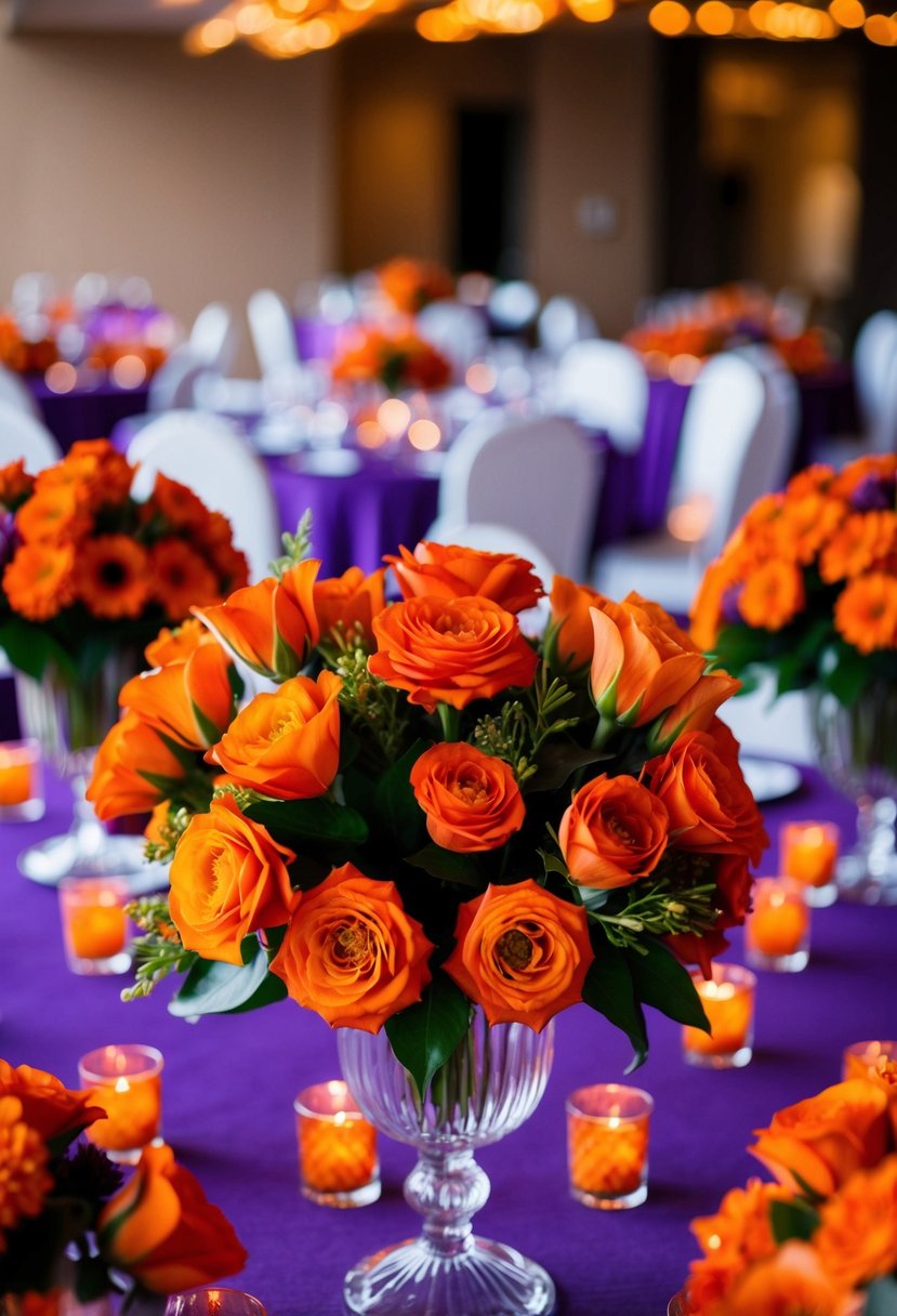 Burnt orange silk flowers arranged in purple and orange centerpieces for a wedding reception