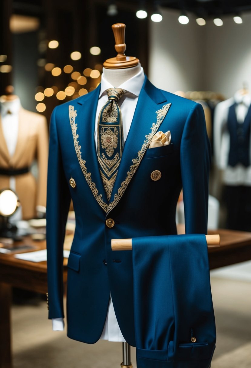 An elegant Italian suit with intricate handcrafted details displayed on a tailor's mannequin