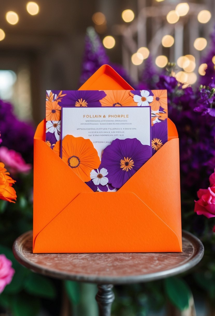 A vibrant orange and purple wedding invitation with floral and abstract design elements