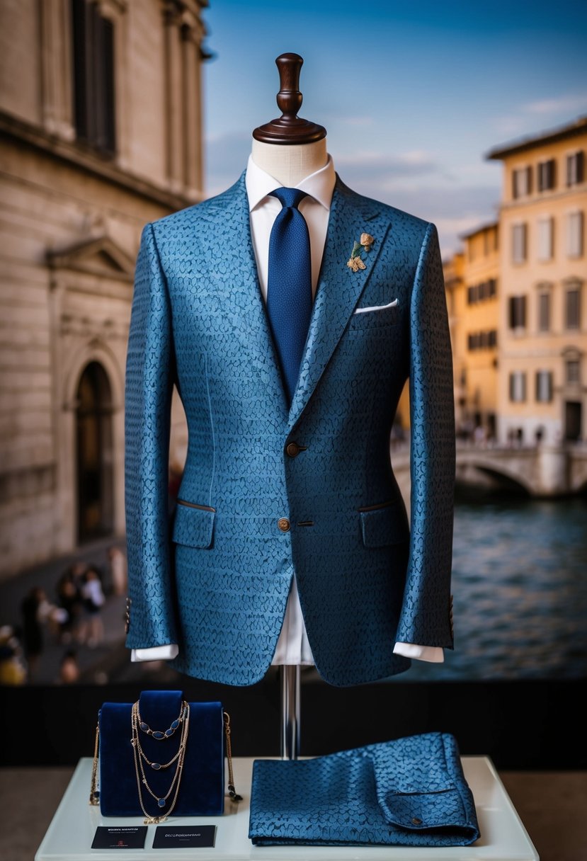 A patterned Italian suit displayed on a mannequin, surrounded by elegant accessories and set against a backdrop of Italian architecture