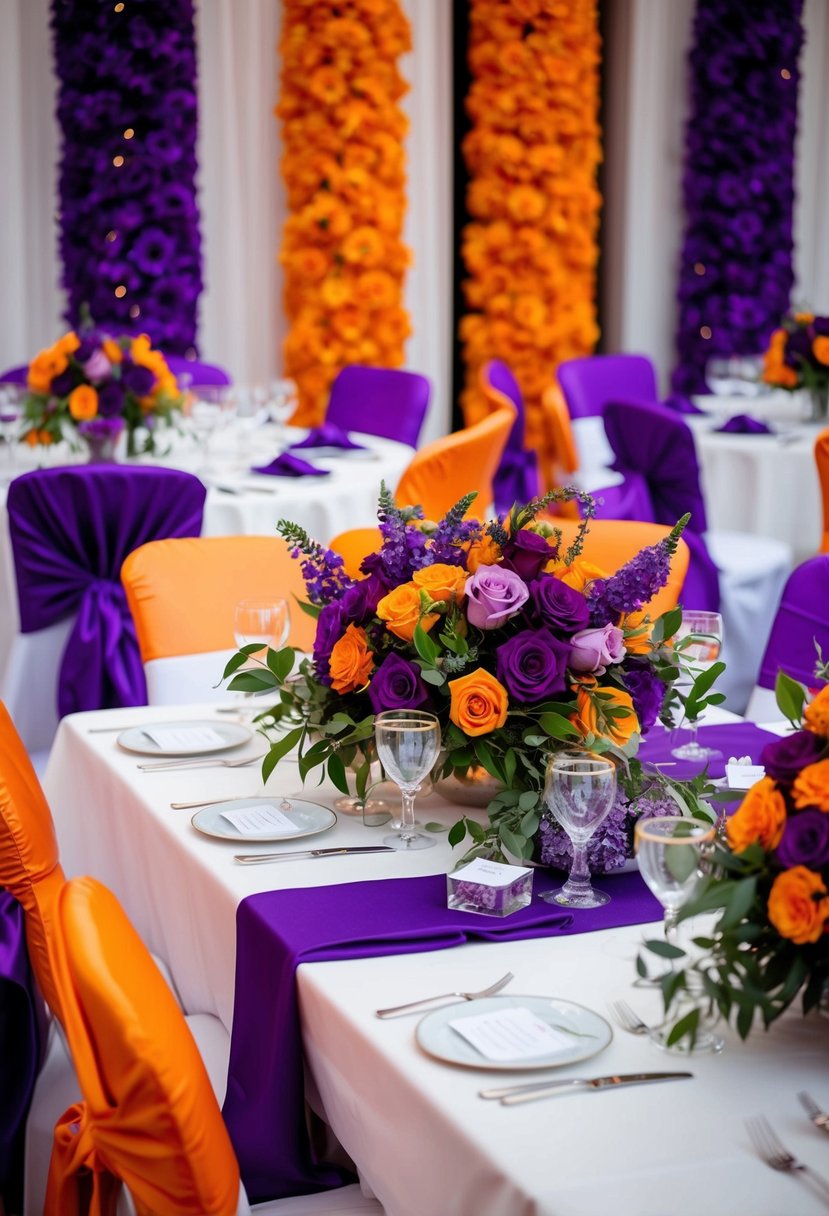 A table adorned with custom purple and orange floral bouquets, surrounded by purple and orange wedding decor