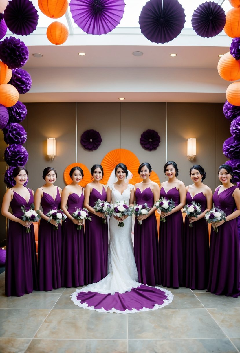 A group of deep purple bridesmaid dresses arranged in an elegant setting with accents of purple and orange decor for a wedding scene