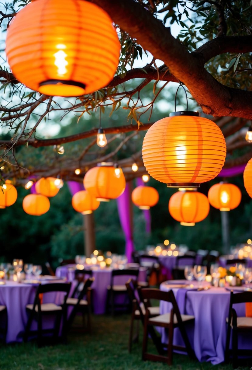 Orange lanterns hang from tree branches, casting a cozy glow over a rustic outdoor wedding reception. Purple and orange accents add a warm and inviting atmosphere