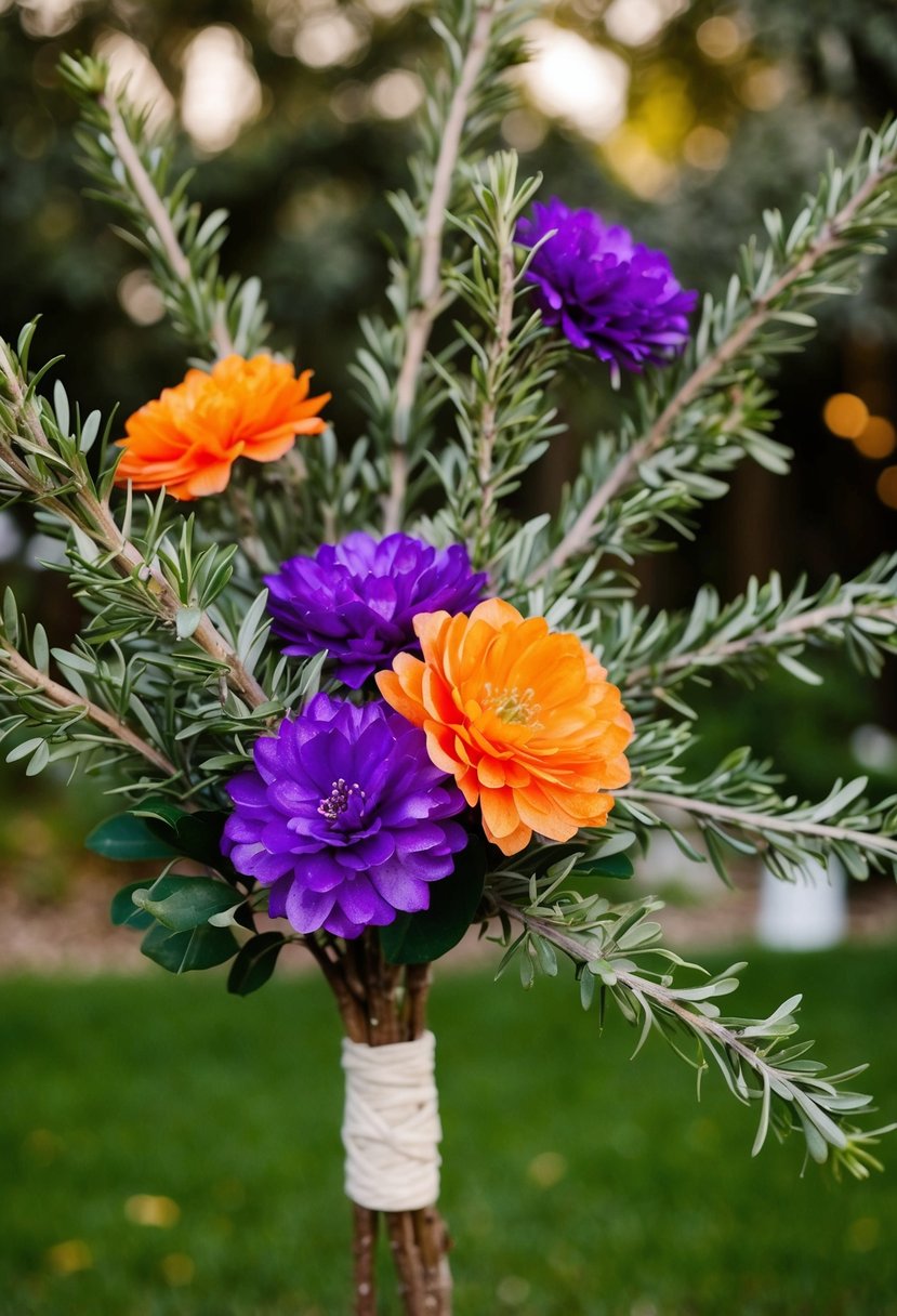 Manzanita branches with purple and orange silk flowers arranged for wedding decor