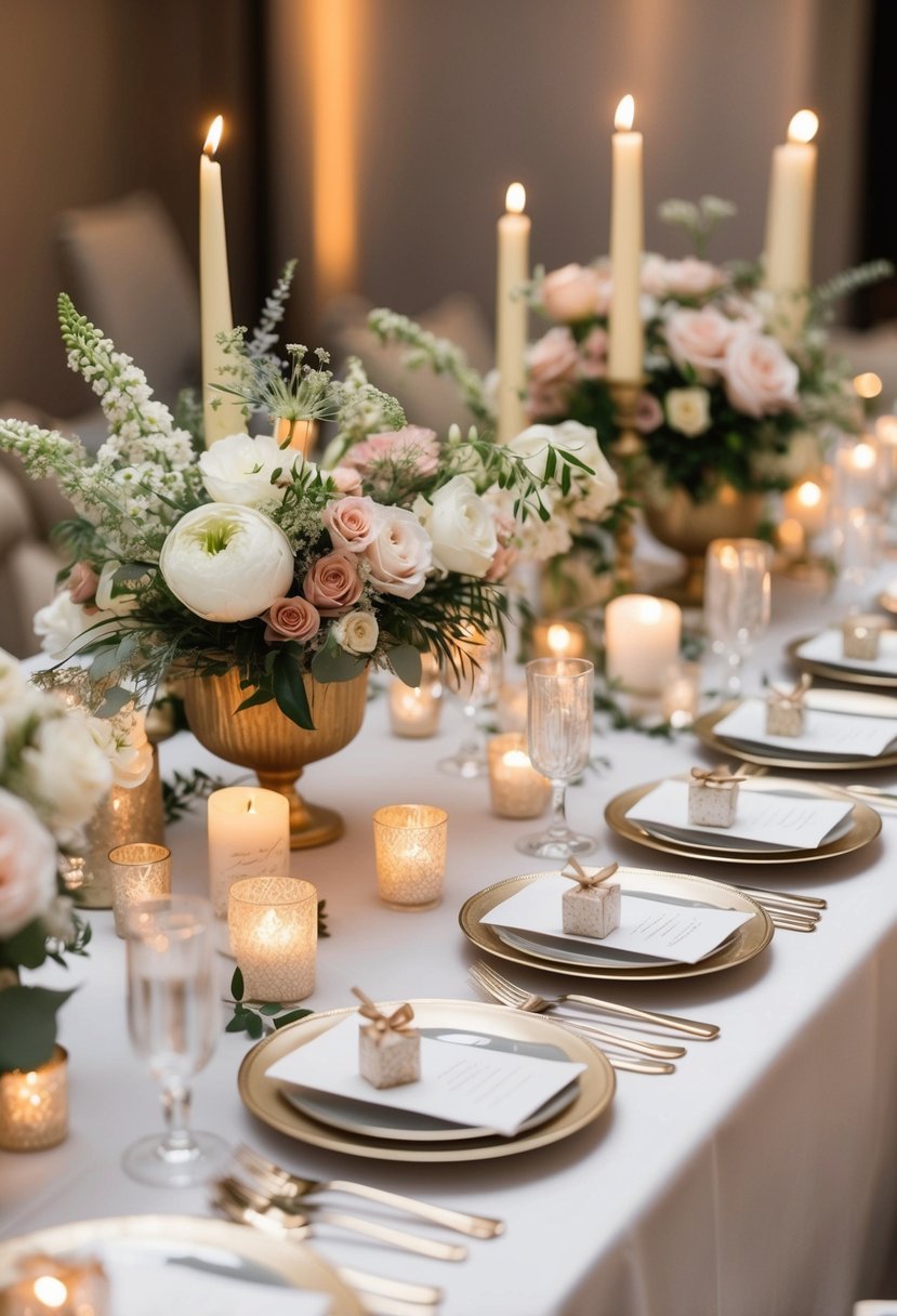 A table adorned with assorted wedding favors, surrounded by delicate floral arrangements and soft candlelight