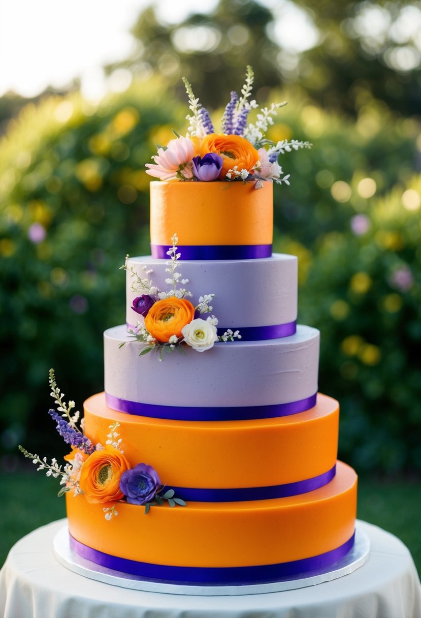 A three-tiered wedding cake with alternating layers of orange and purple icing, adorned with delicate floral decorations in matching colors