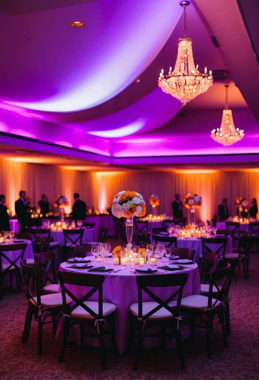 Purple uplighting casts a warm glow on a wedding reception, creating a cozy and romantic atmosphere. Orange accents add a pop of vibrant color to the elegant setting