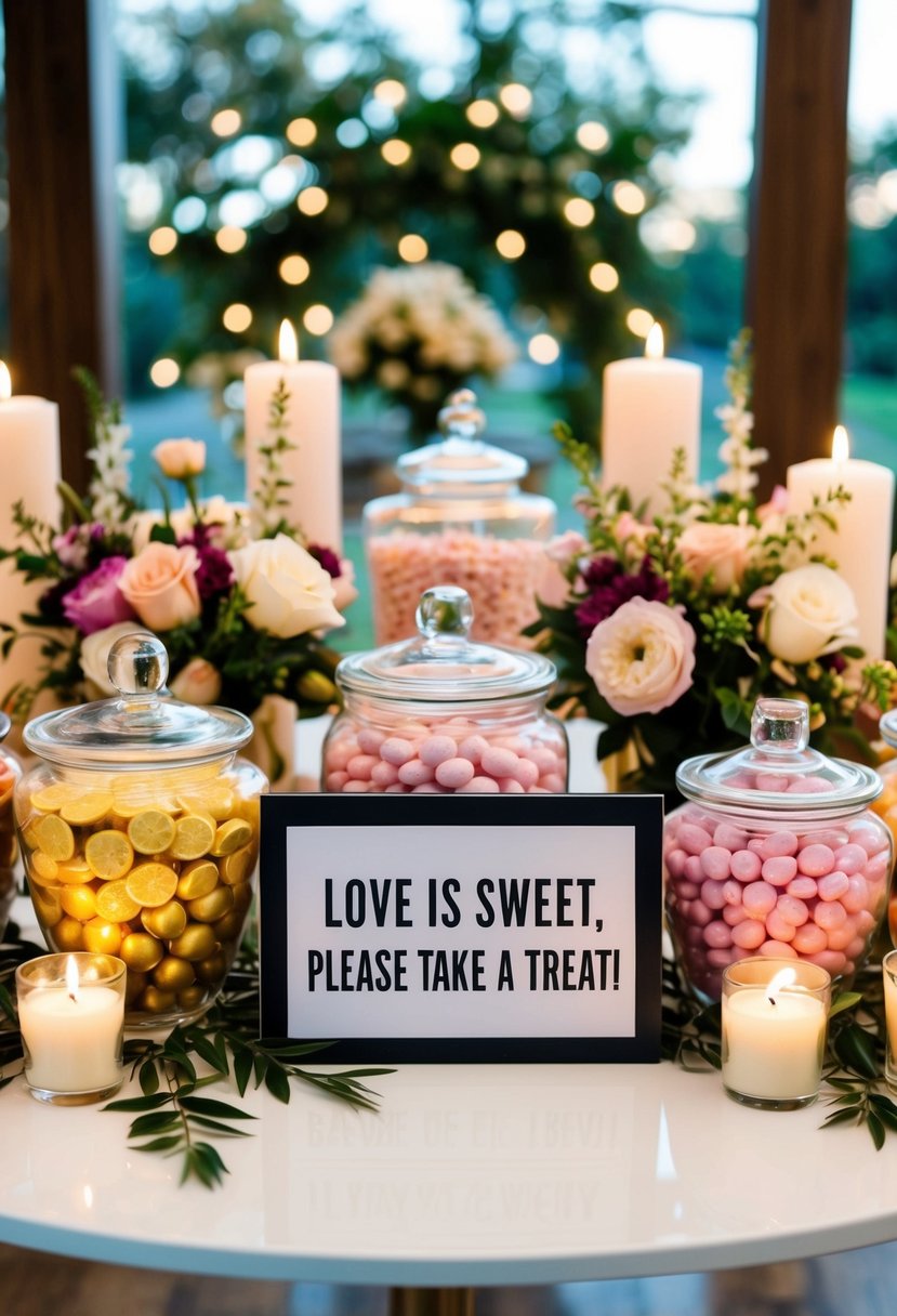 A table adorned with jars of candy, surrounded by flowers and candles, with a sign reading "Love is Sweet, Please Take a Treat!"