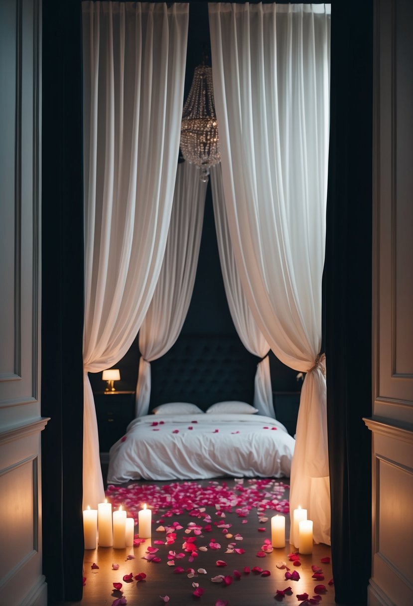 A dimly lit room with rose petals scattered on the bed and floor, soft candlelight, and elegant white drapery cascading from the ceiling