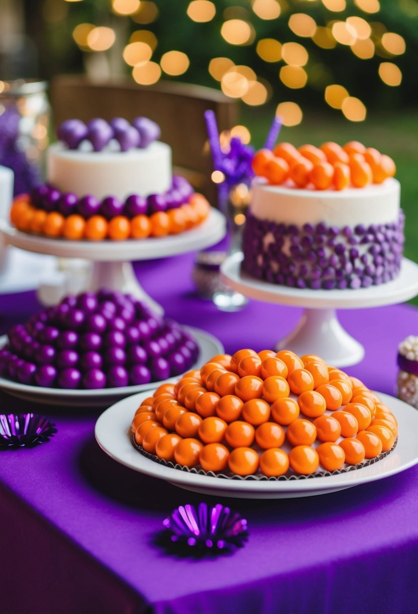 An orange and purple candy bar with wedding decorations in matching colors