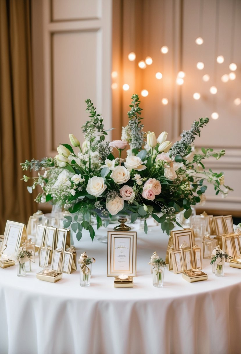 A table with elegant wedding favors displayed, surrounded by floral arrangements and soft lighting