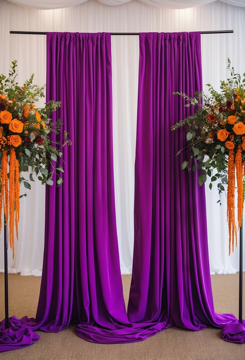 Purple draped backdrops hang behind orange floral arrangements in a wedding venue