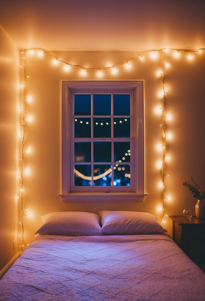 Fairy lights draped around a cozy wedding night room, casting a warm and romantic glow