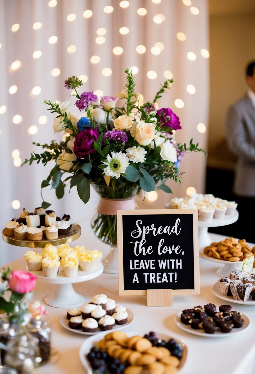 A table with assorted treats, flowers, and a sign reading "Spread the Love, Leave with a Treat!" at a wedding reception