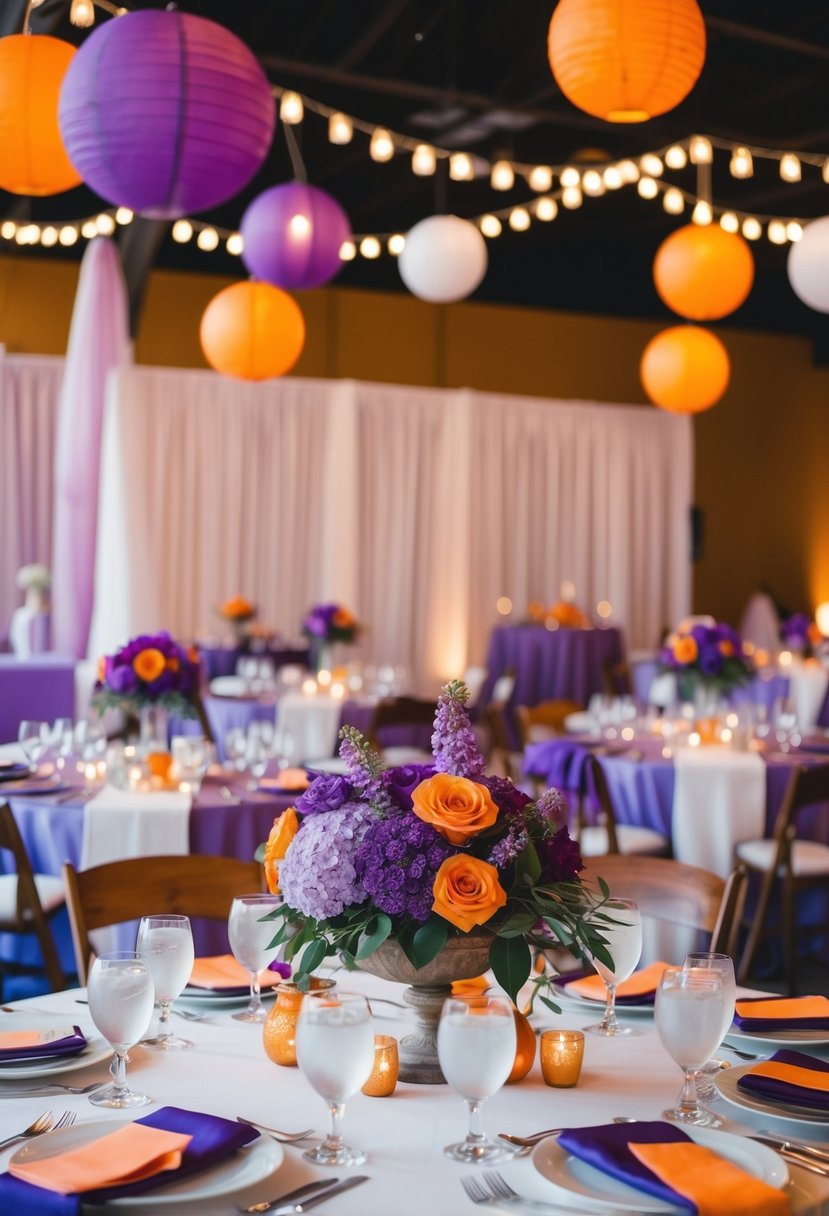 A wedding reception with lilac and tangerine decor, featuring purple and orange flowers, table settings, and hanging lanterns