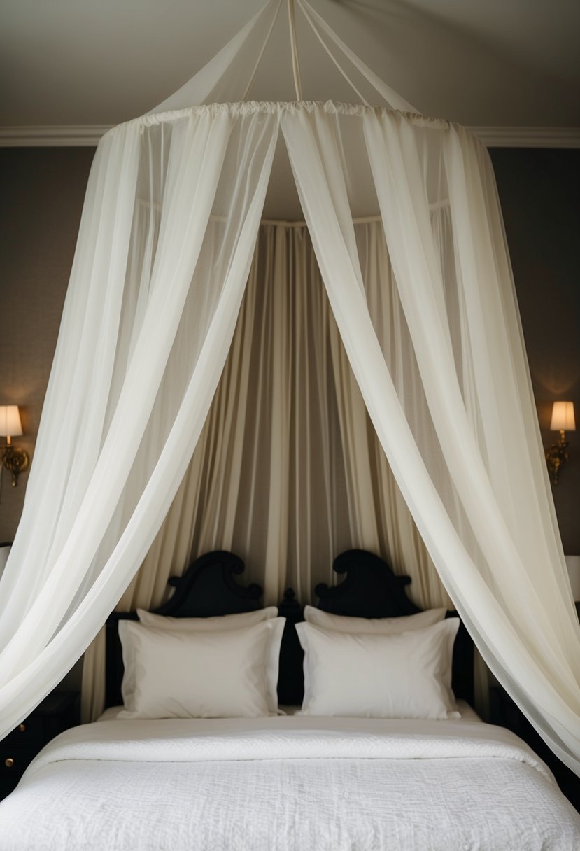 A canopy of sheer fabric drapes over the bed, creating a romantic and elegant atmosphere for a wedding night room decoration