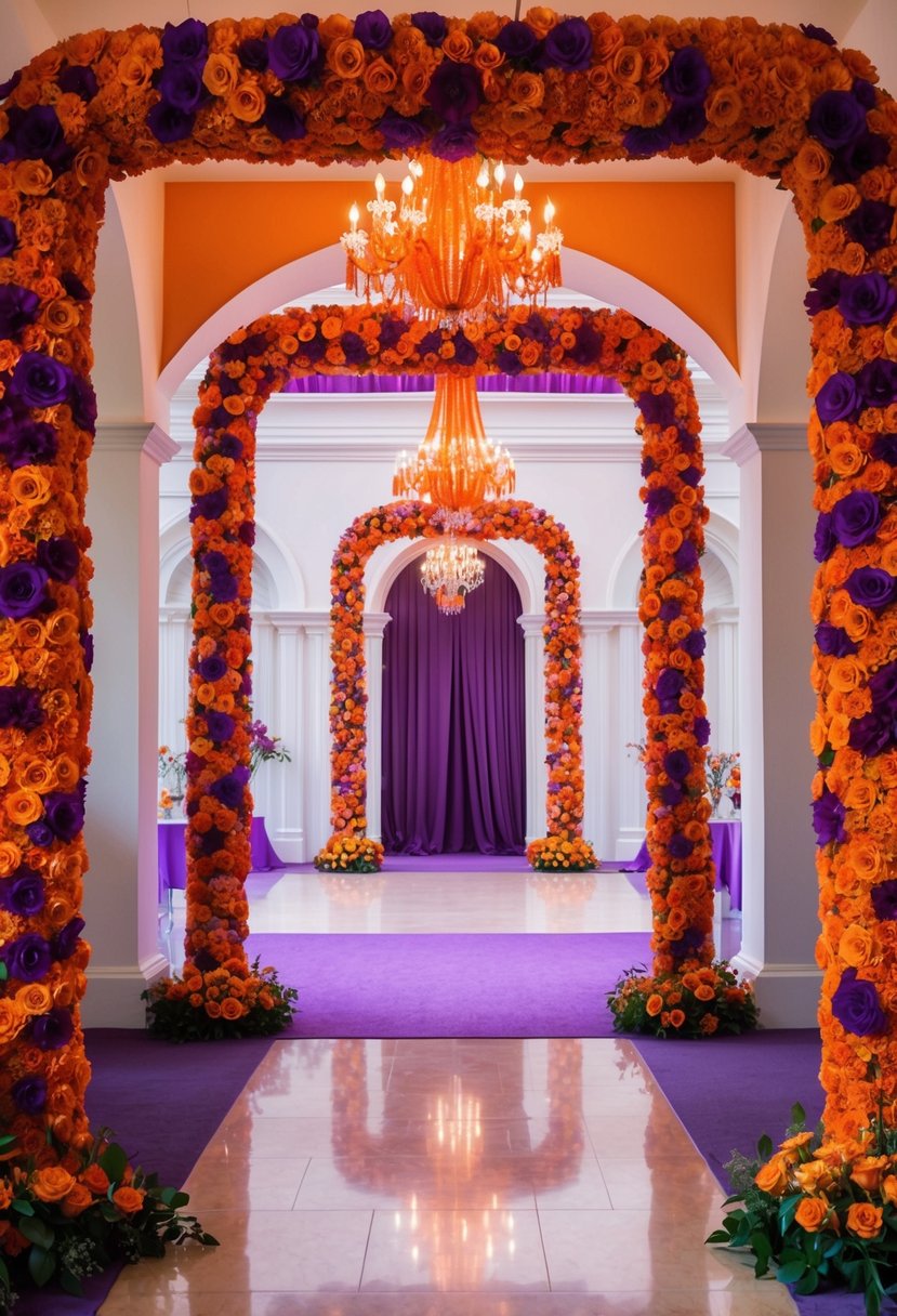 Orange and purple floral arches frame the entrance, creating a vibrant and romantic atmosphere for a purple and orange wedding