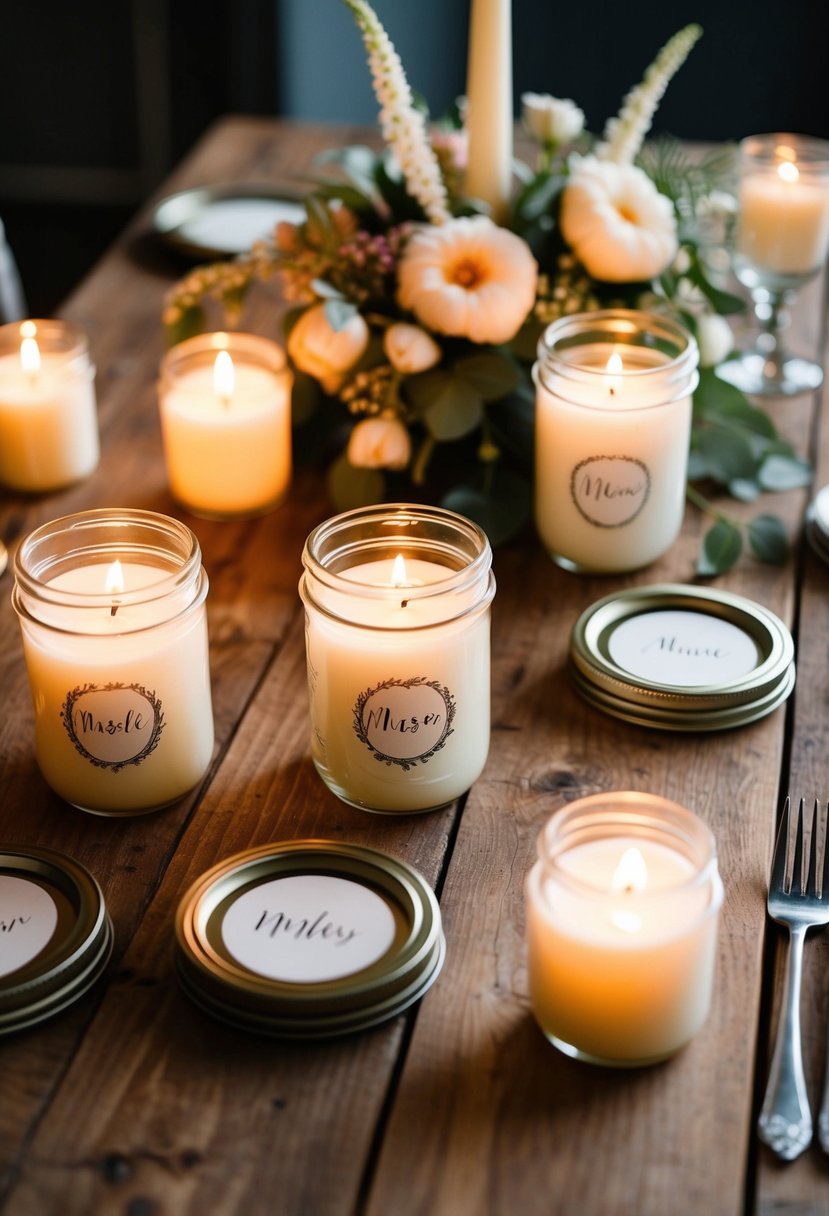 A rustic wooden table displays mason jar candles with personalized labels, surrounded by delicate floral arrangements and soft candlelight