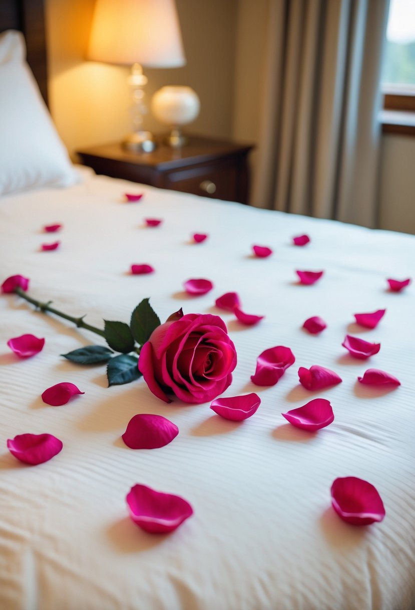 Fake rose petals scattered on a neatly made bed, creating a romantic and elegant atmosphere for a wedding night room decoration