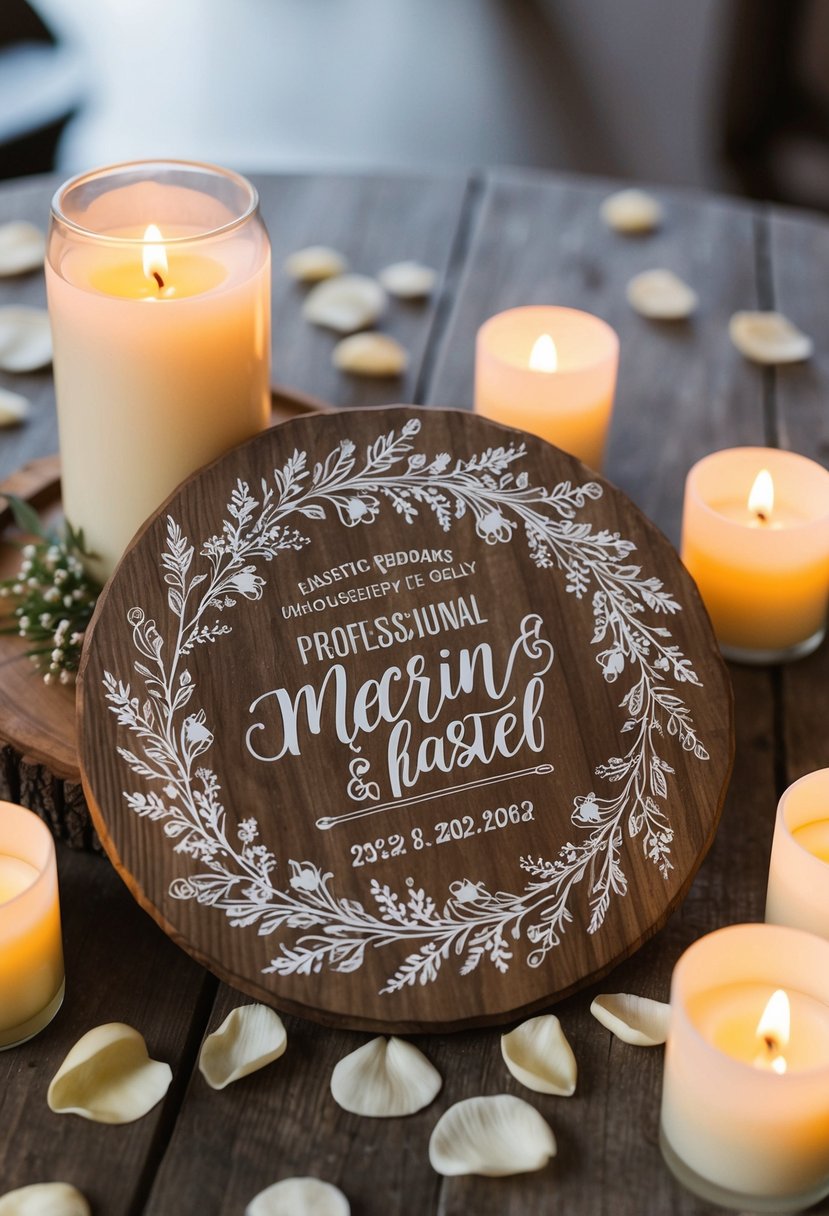 A rustic wooden plaque adorned with delicate floral designs and wedding motifs, surrounded by soft candlelight and scattered rose petals