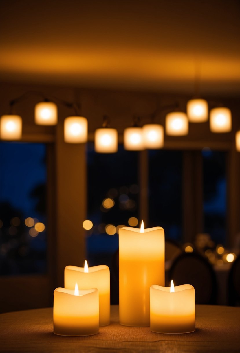 Flameless candles casting a warm, romantic glow in a dimly lit wedding night room, creating a cozy and safe atmosphere for newlyweds