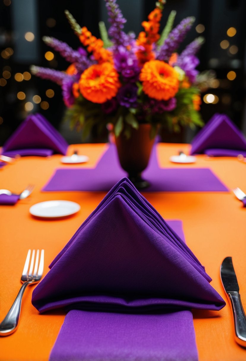 Purple napkins folded neatly on orange table settings, with purple and orange floral centerpieces