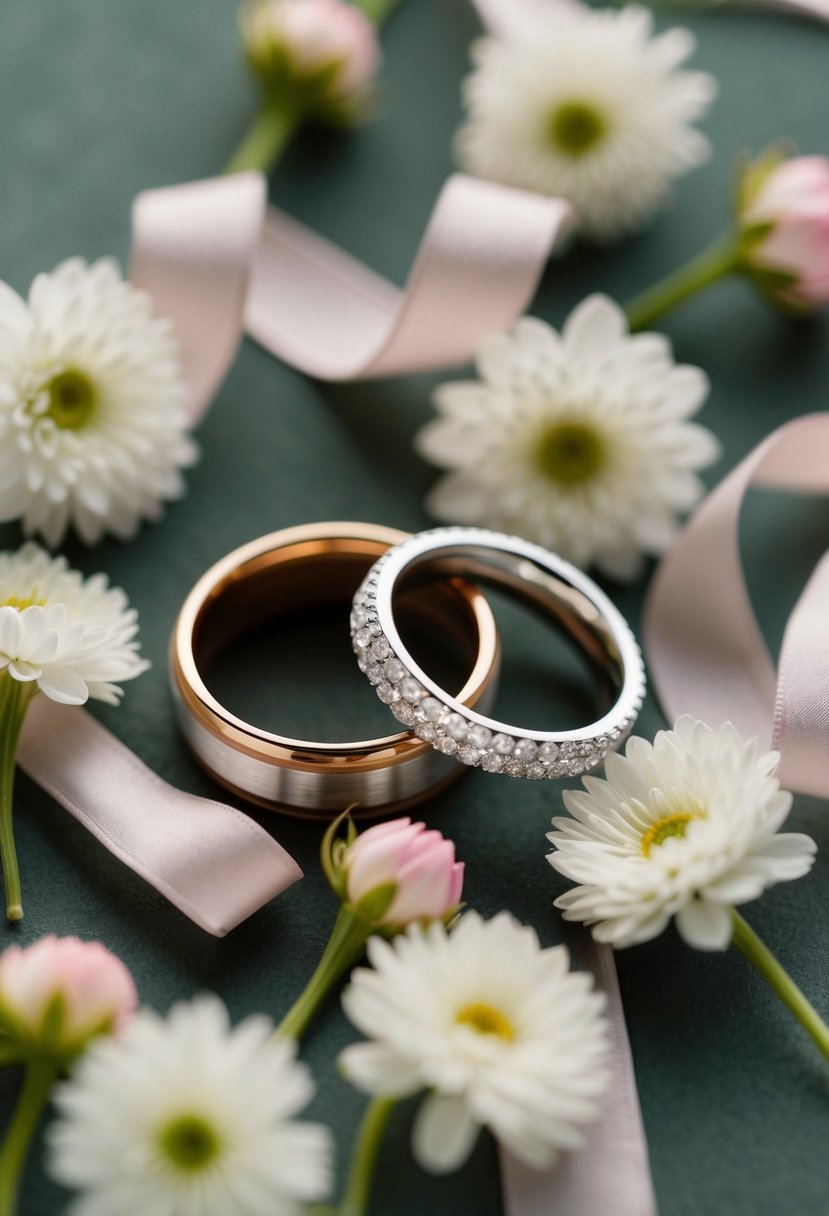 A pair of intertwined wedding rings surrounded by delicate flowers and ribbons