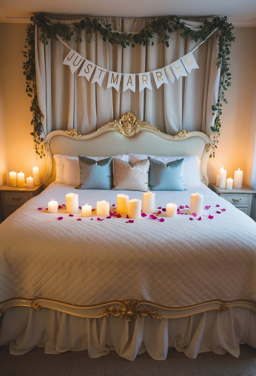 A cozy bedroom with a large, ornate bed adorned with a 'Just Married' banner hanging above it. The room is softly lit with candles and rose petals scattered across the bedding