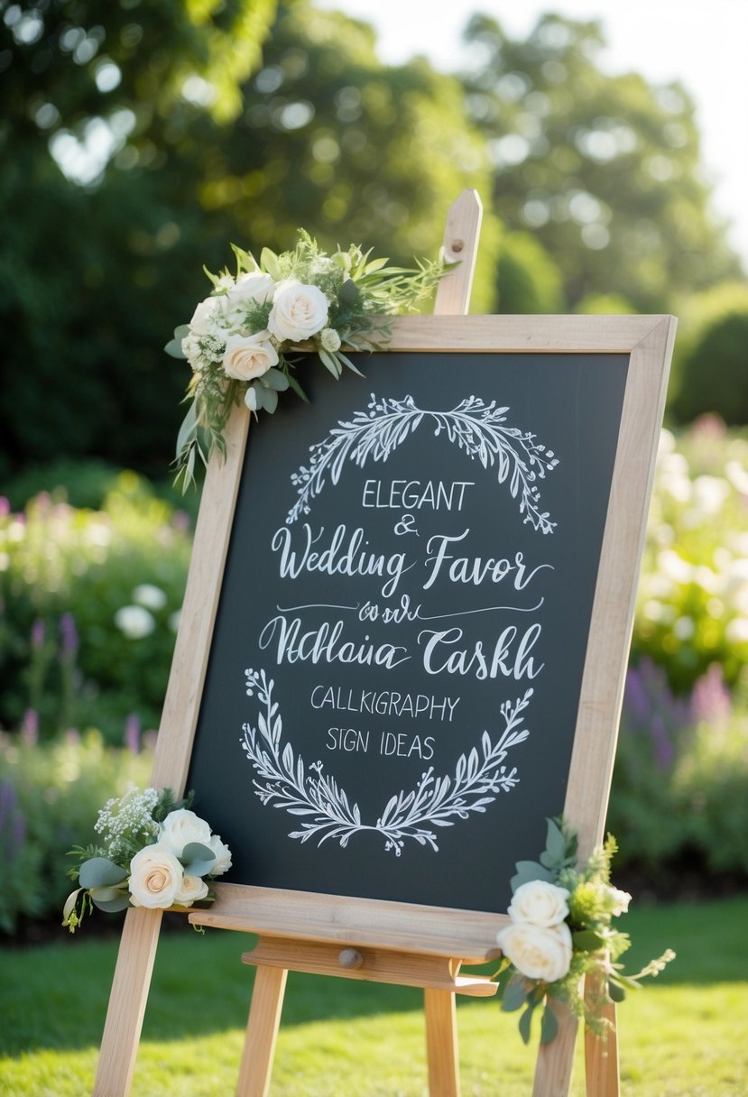 A rustic chalkboard with elegant calligraphy wedding favor sign ideas displayed on a wooden easel in a sunlit garden