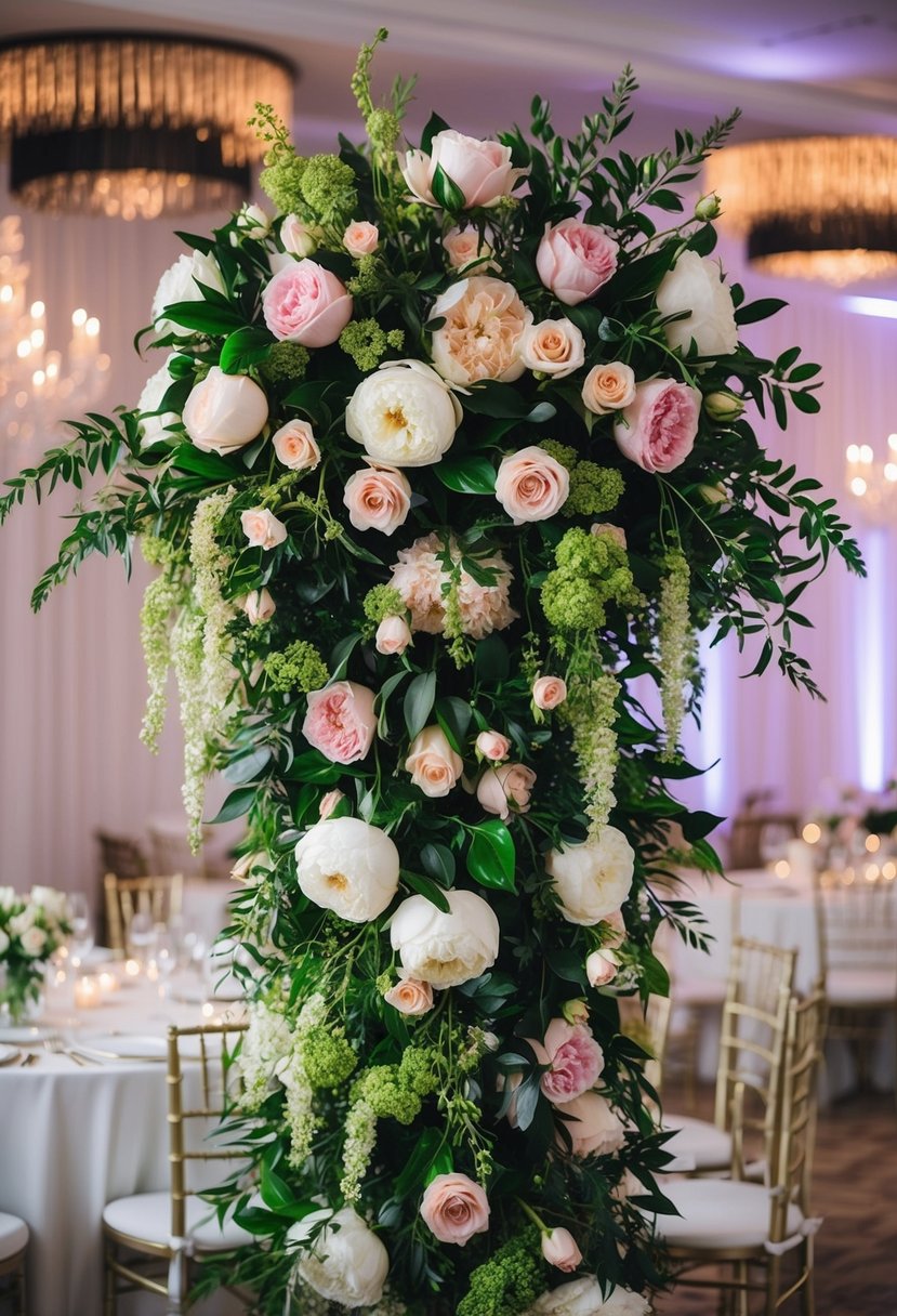 A lush, cascading floral centerpiece adorns a wedding night room, featuring roses, peonies, and greenery in a romantic, elegant display