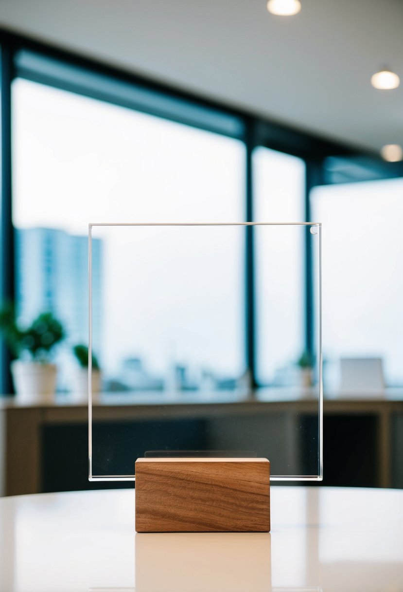 A simple acrylic sign with a wooden stand on a clean, modern table