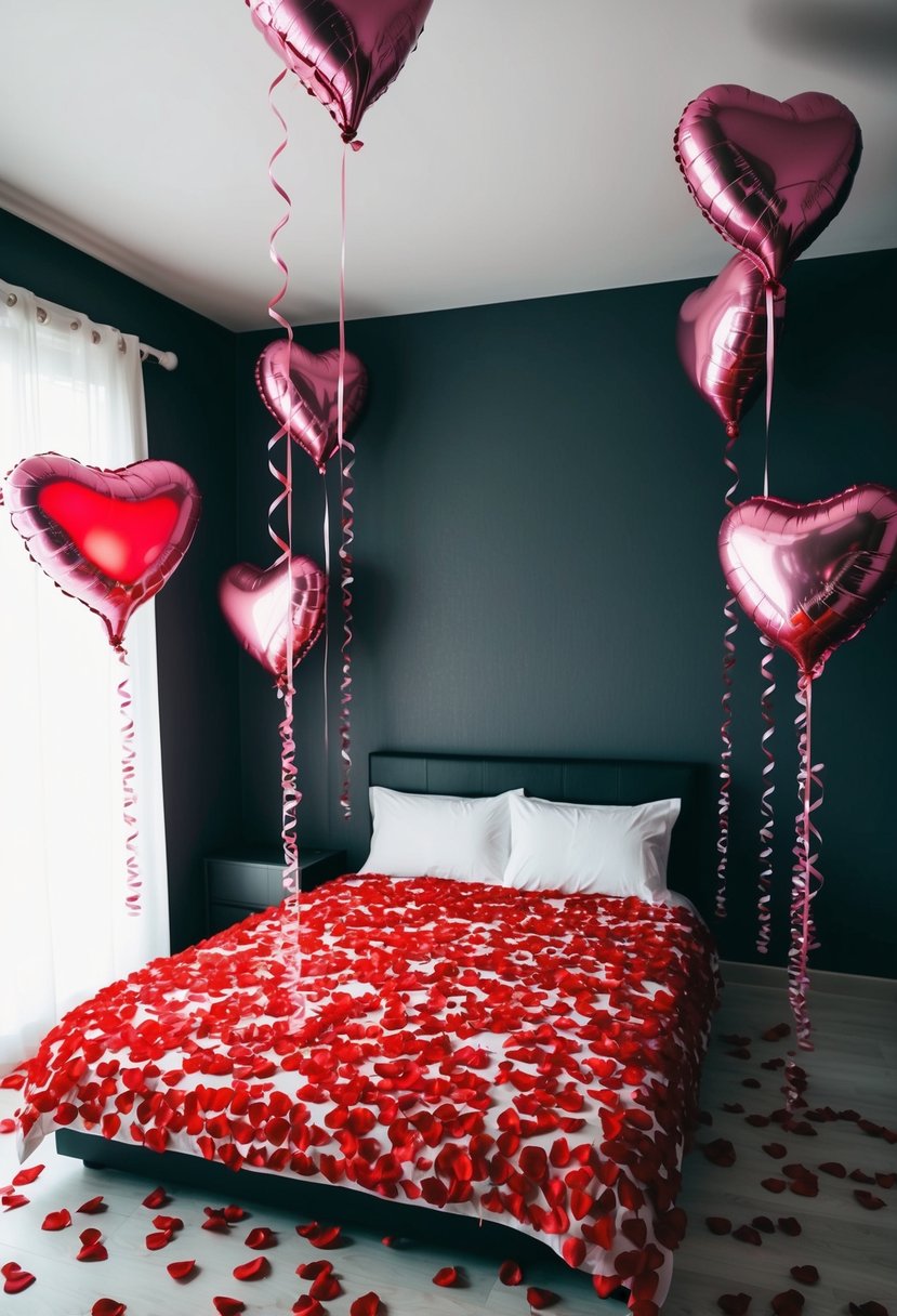 A dimly lit room with a bed covered in rose petals and heart-shaped balloons floating around