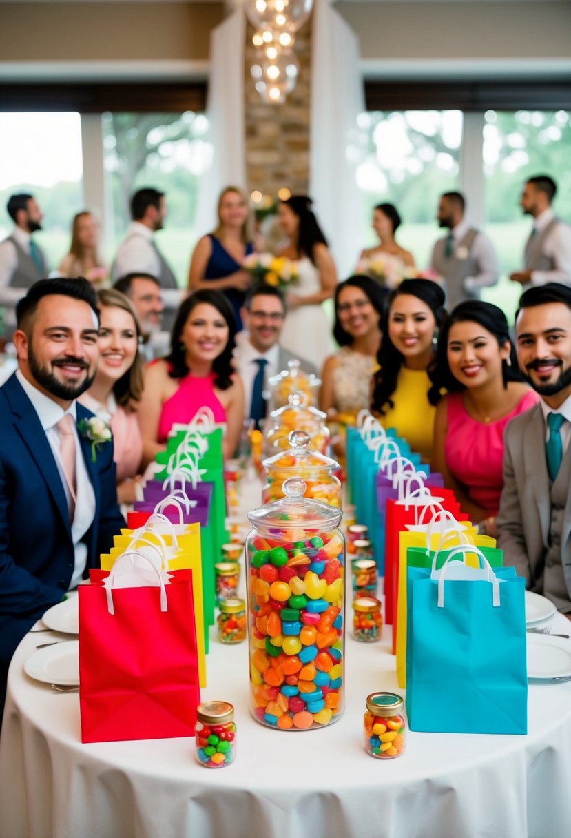 A table adorned with colorful favor bags and jars of candy, surrounded by happy guests at a wedding reception