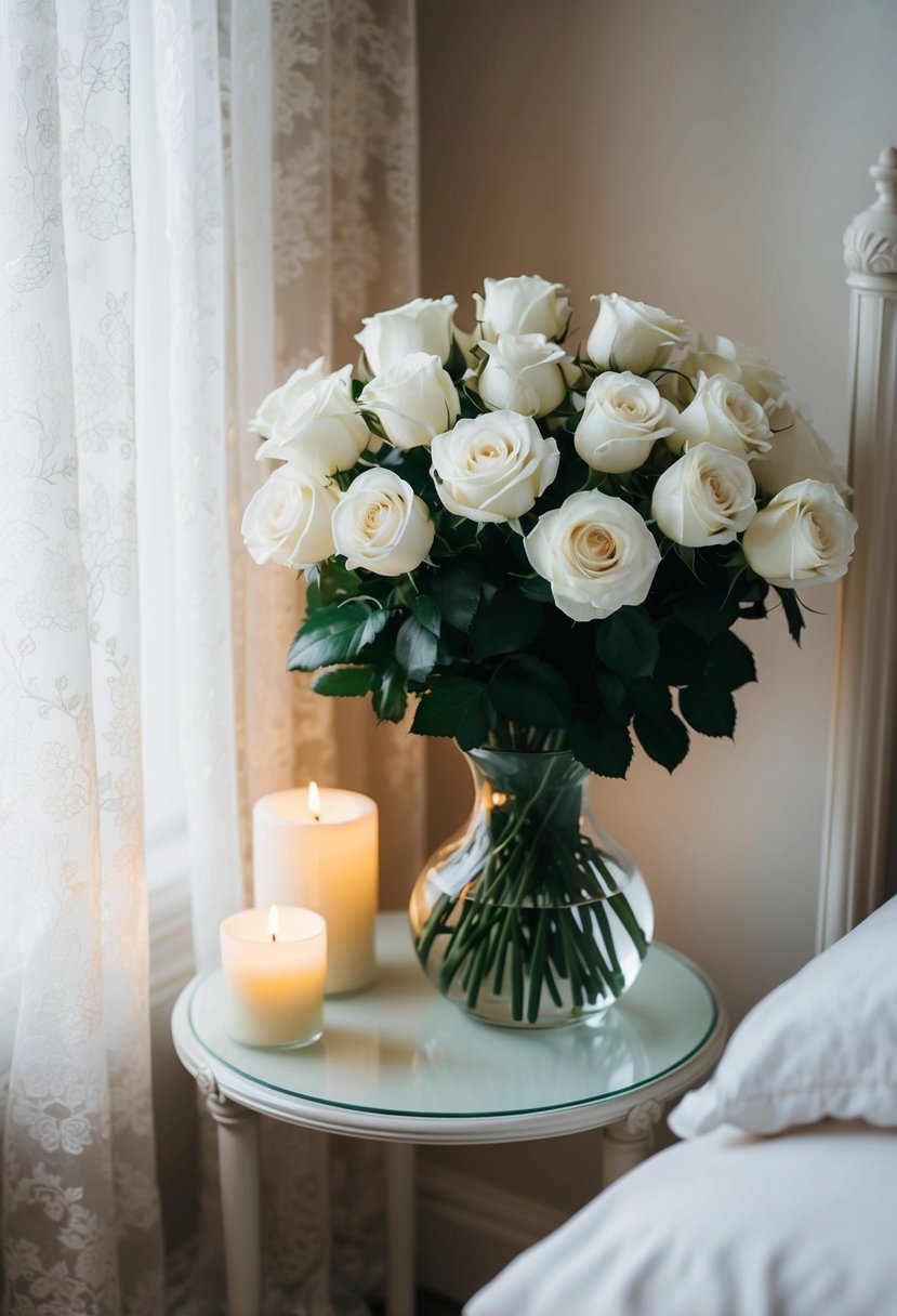 A bouquet of white roses sits on a bedside table, surrounded by soft candlelight and delicate lace curtains