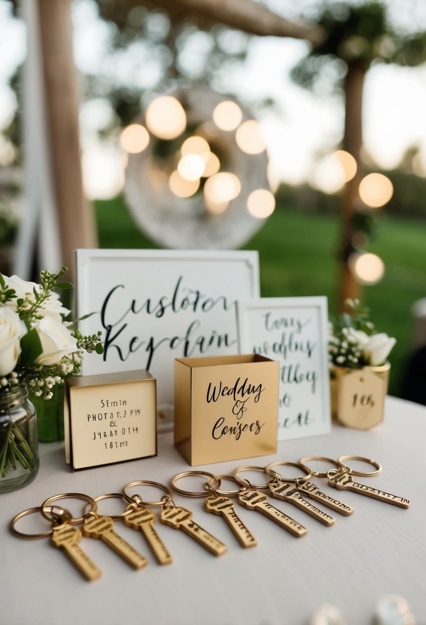 A table with a variety of custom engraved keychains, surrounded by wedding decor and signage