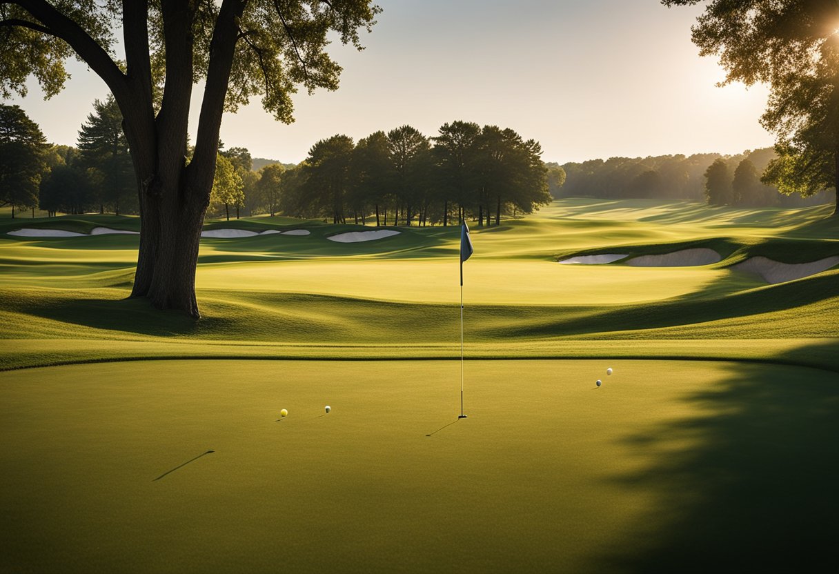 A sunny day at a public golf course, with rolling green fairways, distant trees, and golfers enjoying the affordable and scenic course near Janesville, Wisconsin