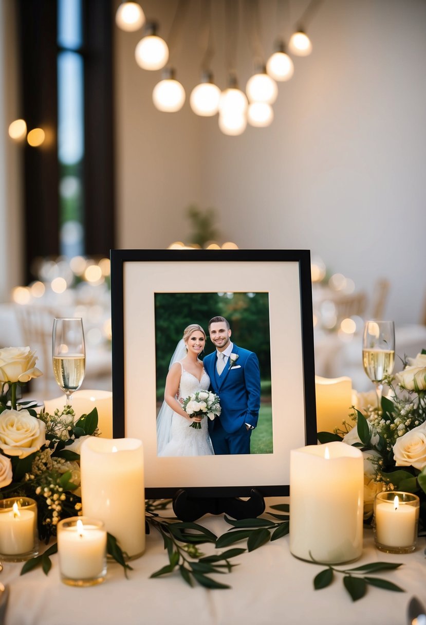 A table with a framed photo of the wedding couple, surrounded by candles, flowers, and soft lighting