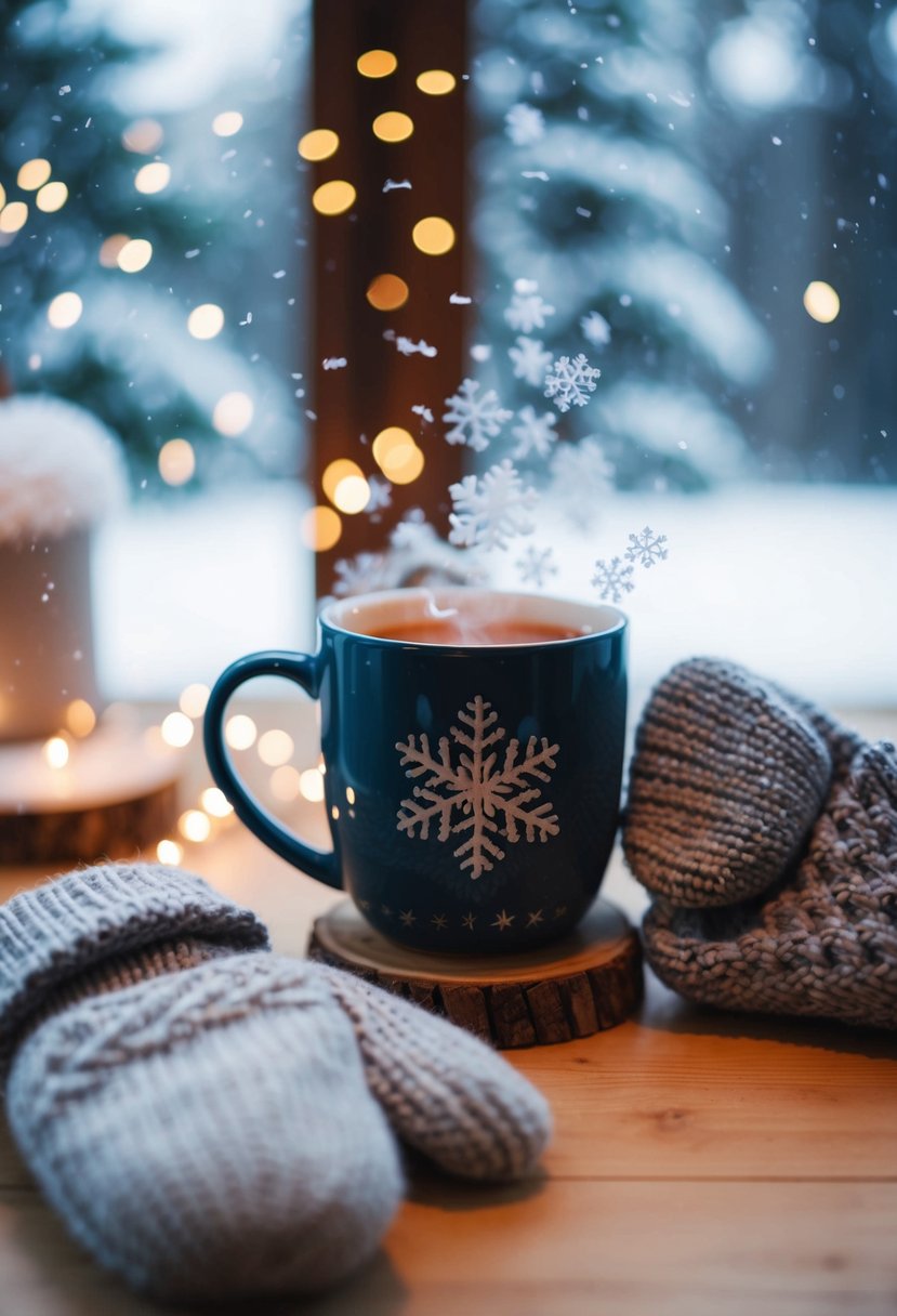 A cozy winter scene with mittens, snowflakes, and a hot drink