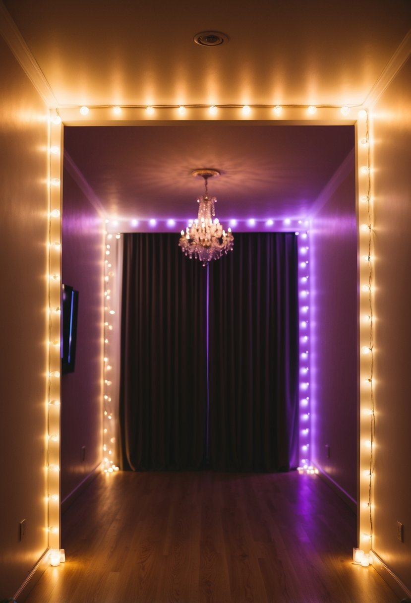 Soft-colored LED lights adorn the corners of the dimly lit wedding night room, casting a warm and romantic glow throughout the space