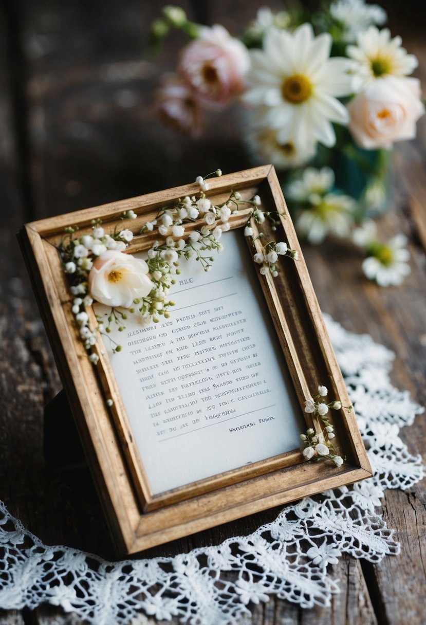 A vintage-style frame with a note, surrounded by delicate flowers and lace, sits on a rustic wooden table