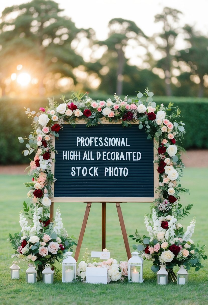 A beautifully decorated sign surrounded by floral arrangements and wedding favors