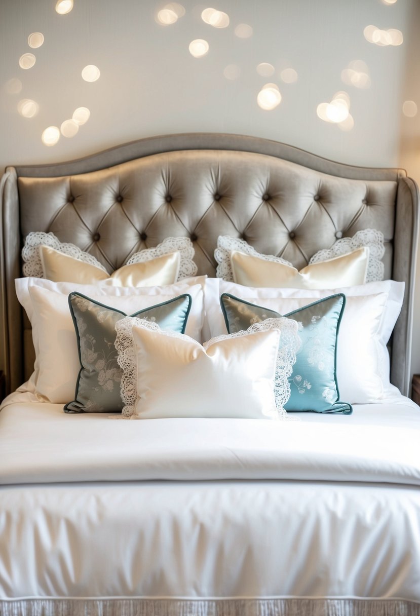 A plush bed with elegant white linens, adorned with delicate lace and satin pillows